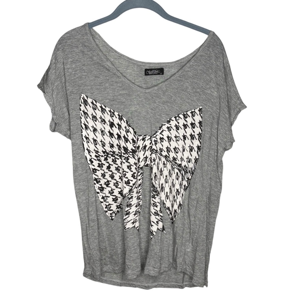 Lauren Moshi tshirt houndstooth bow Gray Graphic Tee womens small micro modal